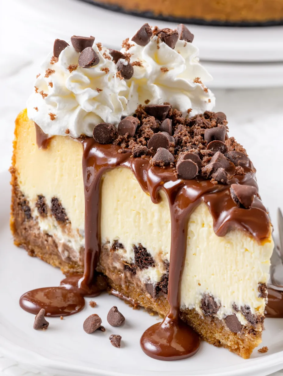 A slice of chocolate chip cheesecake with chocolate drizzle.