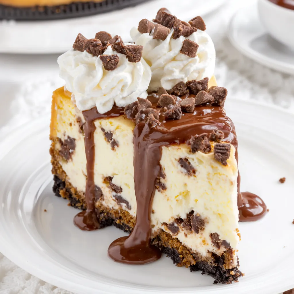 A slice of chocolate chip cheesecake with chocolate drizzled on top.