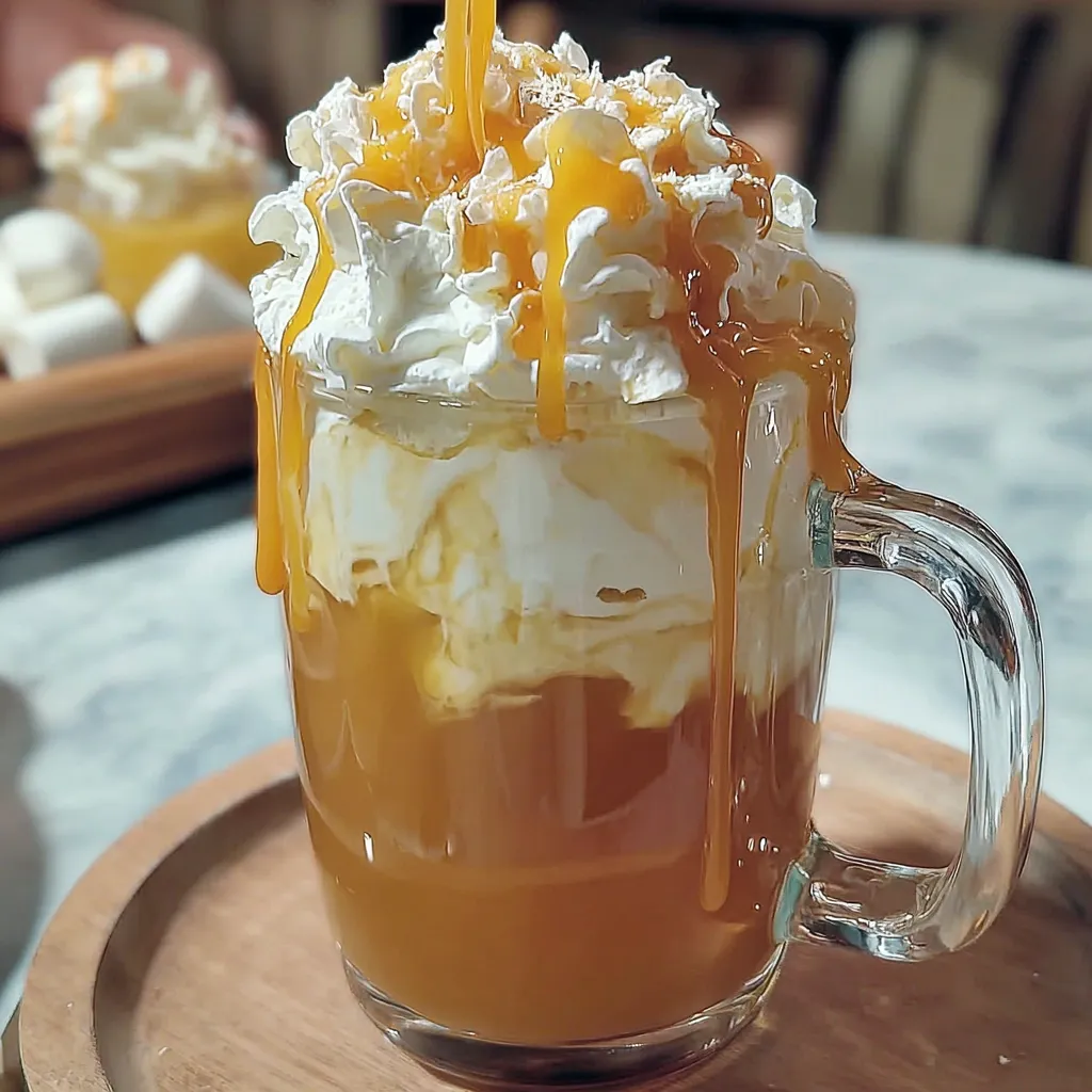 A glass of butterbeer with a yellow sauce drizzled on top.
