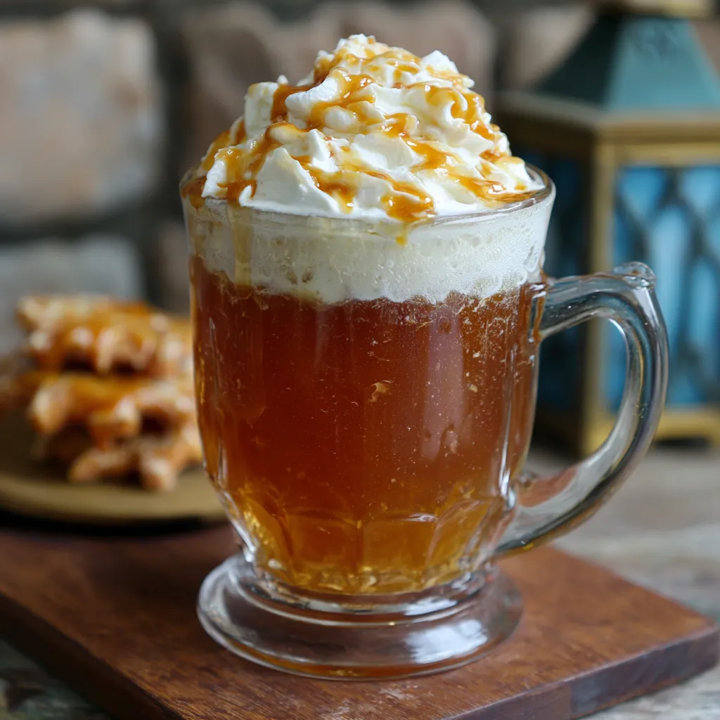 A glass of Butterbeer with whipped cream on top.