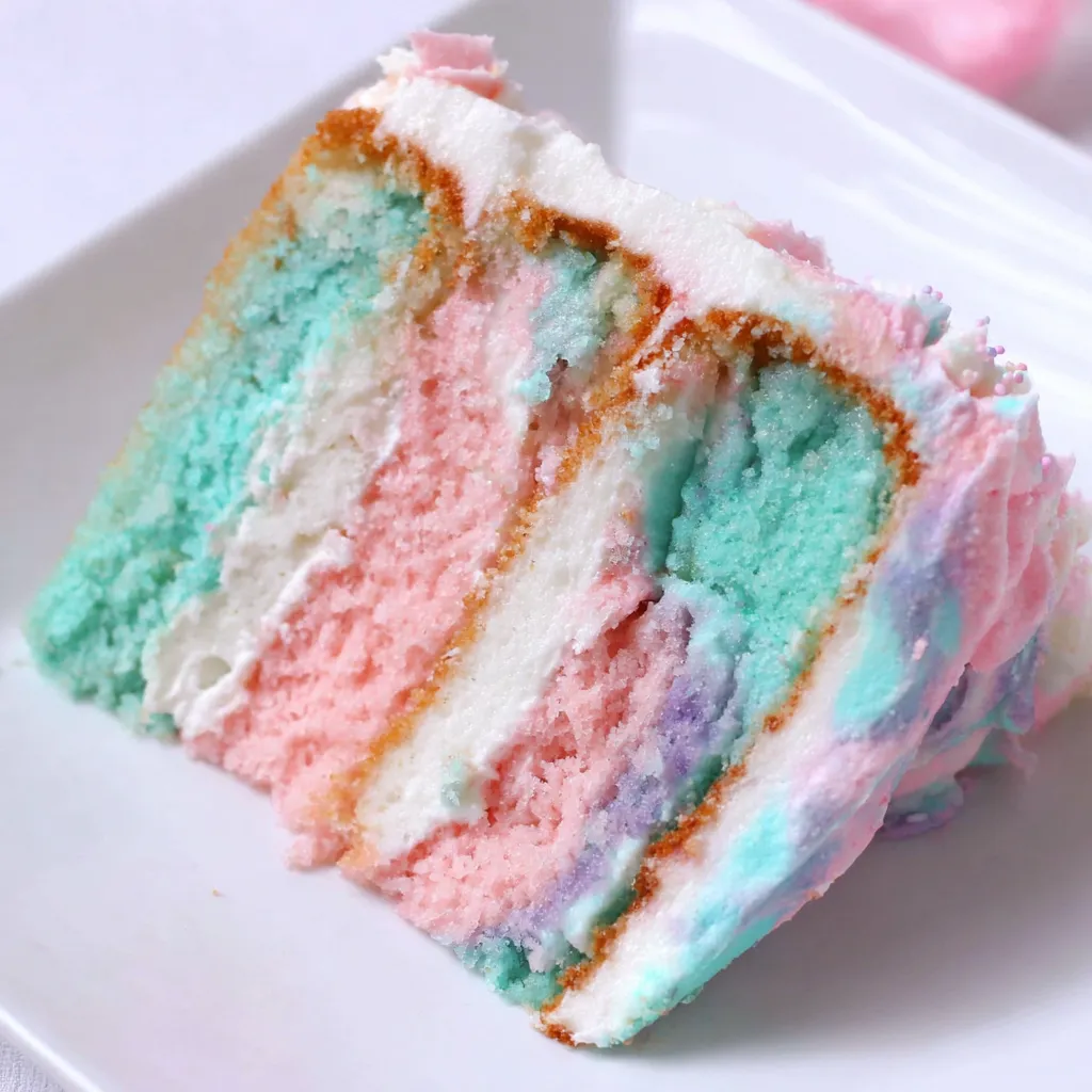 A slice of cotton candy cake on a plate.