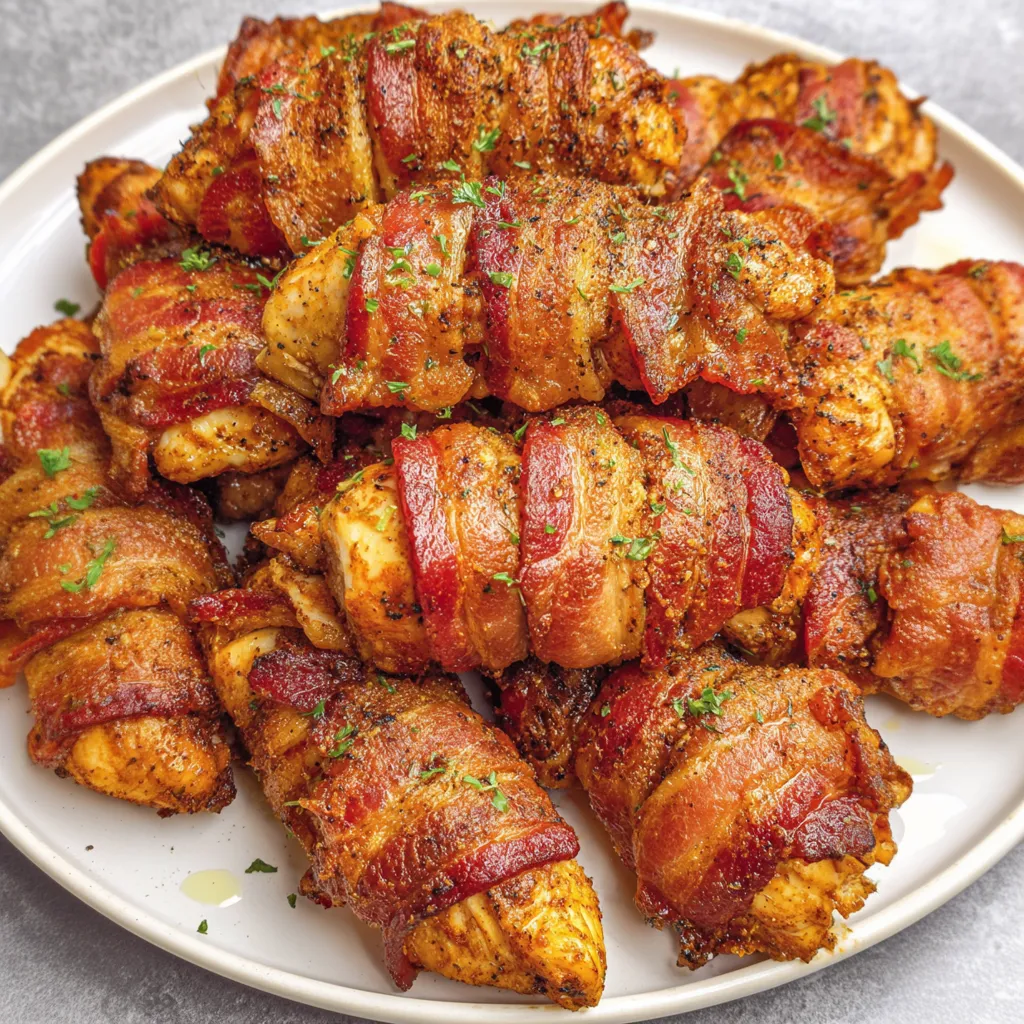 Bacon wrapped chicken tenders on a plate.