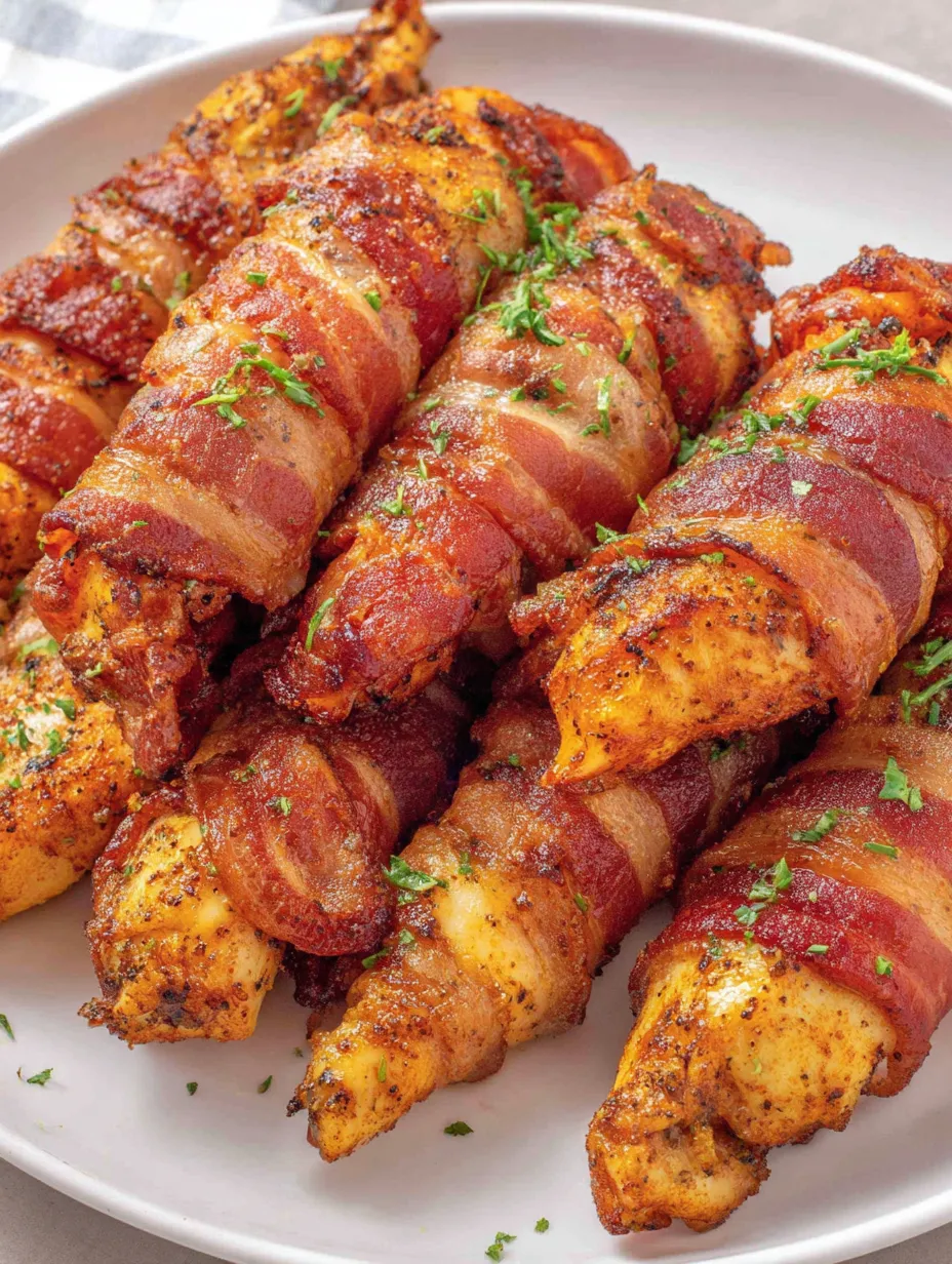 Bacon wrapped chicken tenders on a plate.