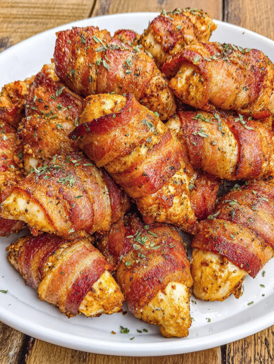 Bacon wrapped chicken tenders on a plate.