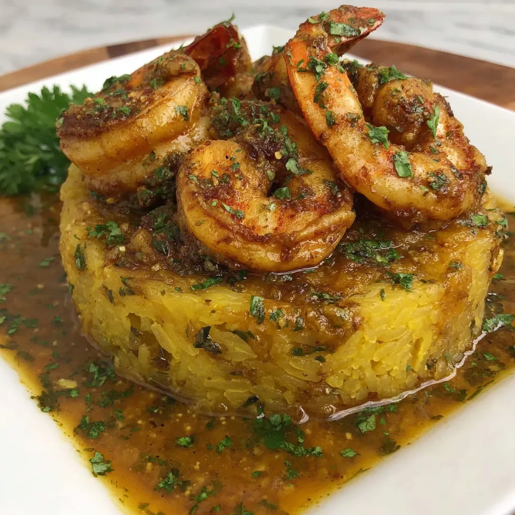 A plate of shrimp in a brown sauce.