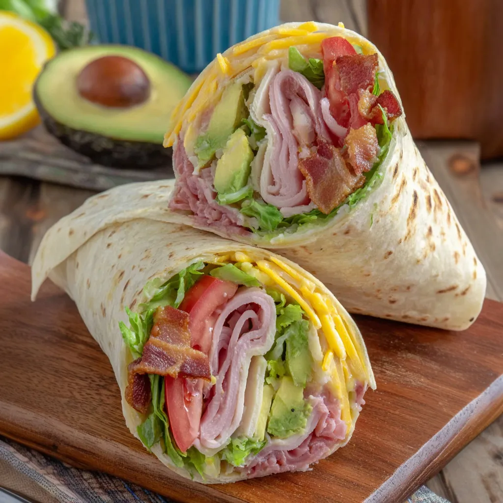 A California Turkey Club Wrap is displayed on a wooden cutting board.