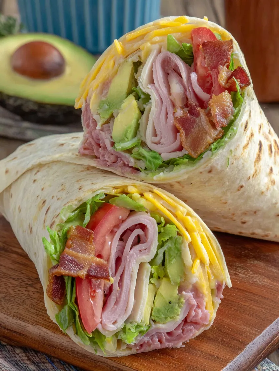 A California Turkey Club Wrap is shown with lettuce, tomato, bacon, and avocado.