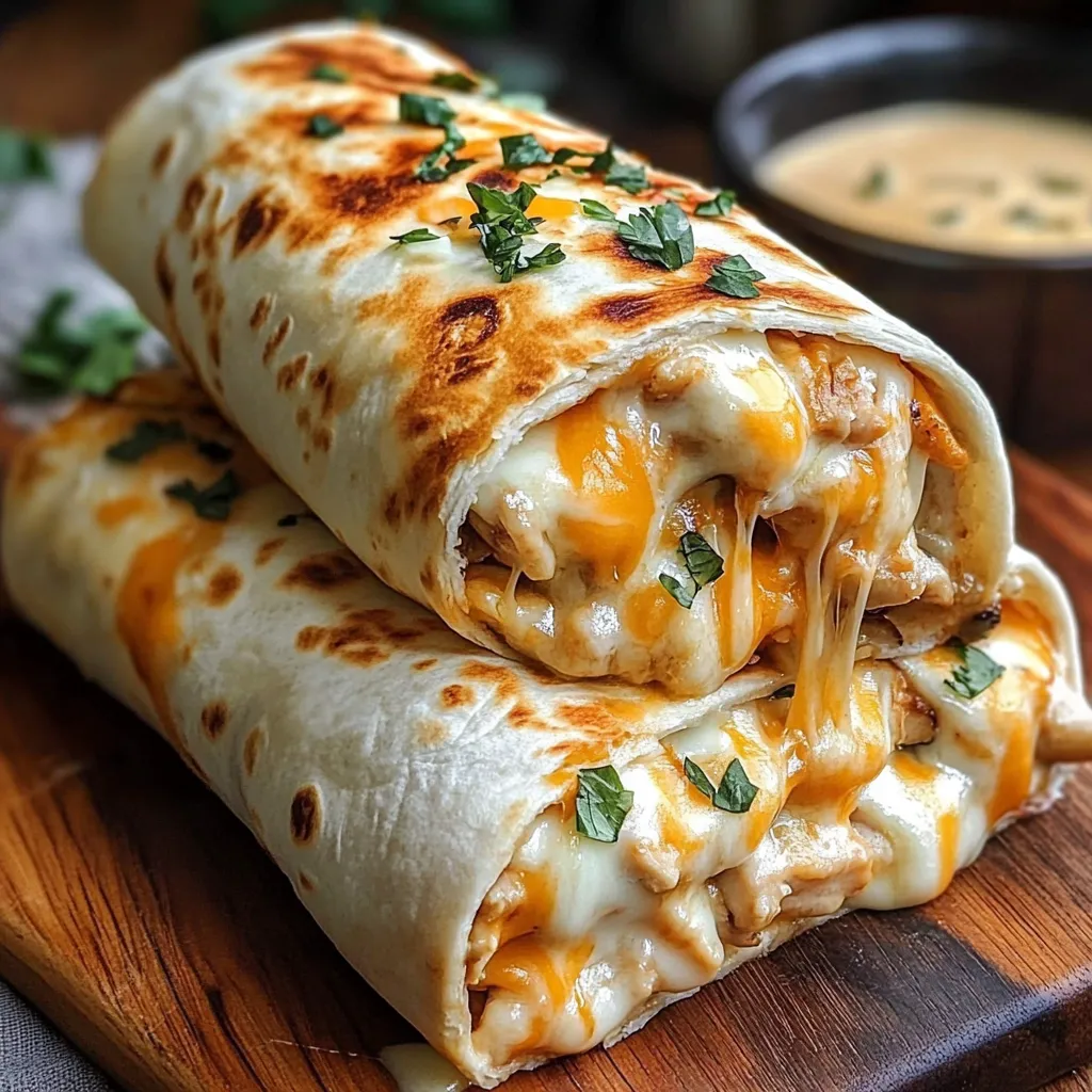 A burrito with cheese and green onions.
