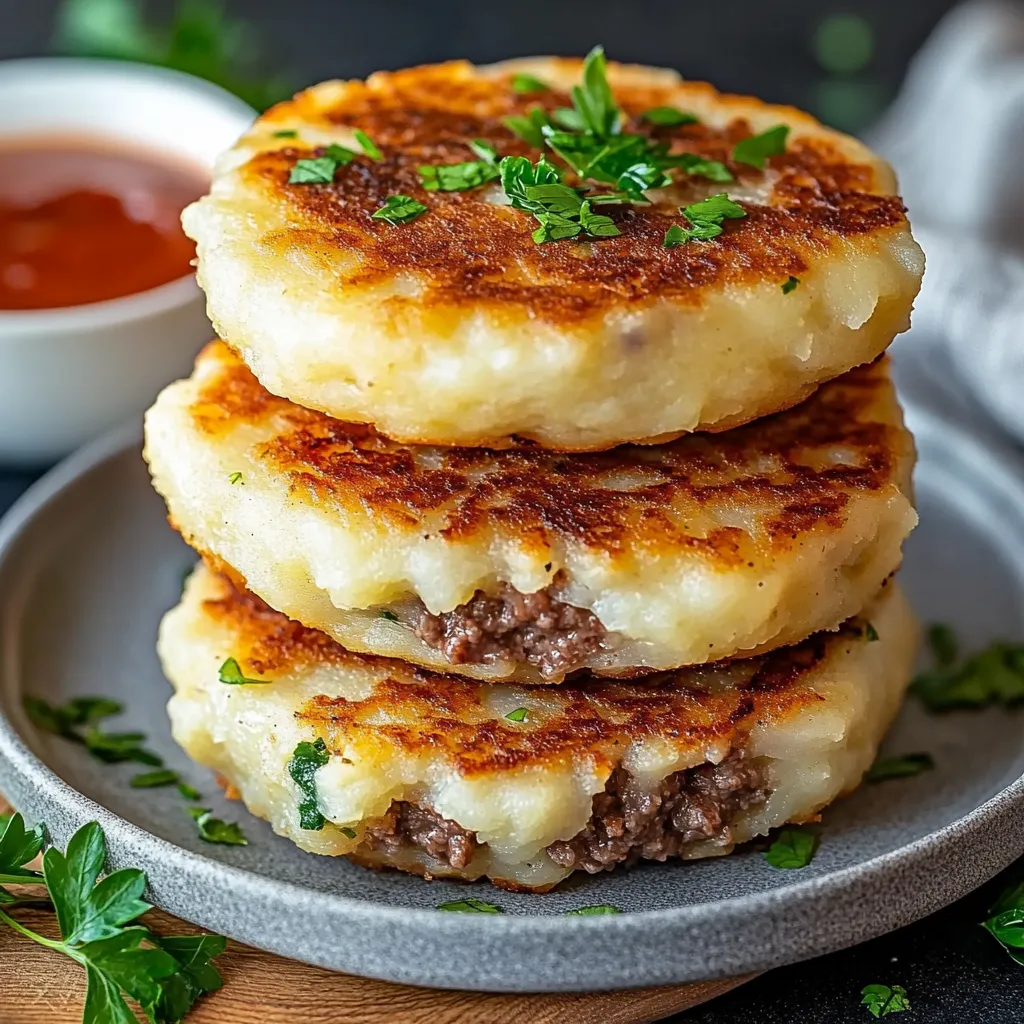 A stack of three pancakes with meat and vegetables on top.
