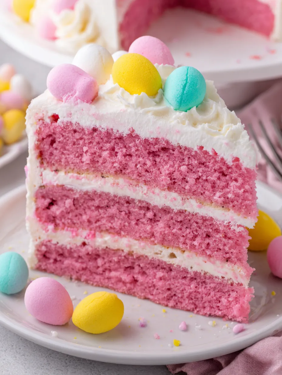 A slice of pink cake with yellow and white frosting and sprinkles.