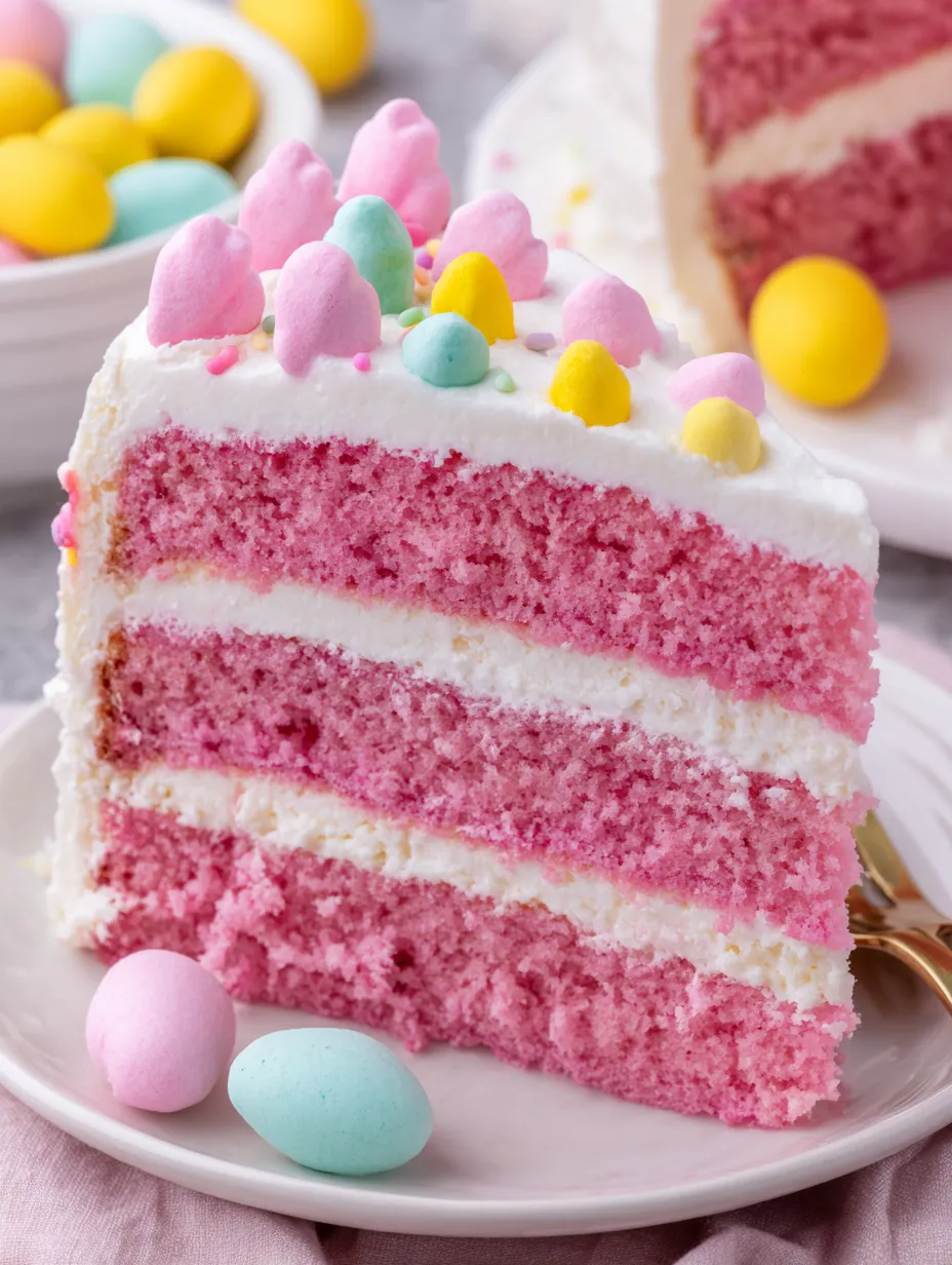 A slice of pink cake with white frosting and yellow and pink sprinkles.