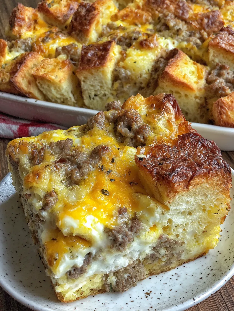 A breakfast casserole with sausage and cheese.