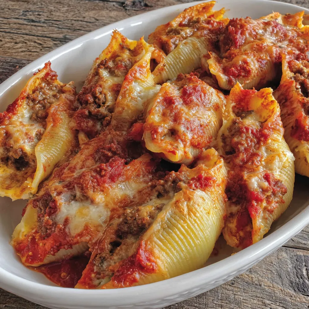 A white bowl filled with cream cheese and beef stuffed shells.