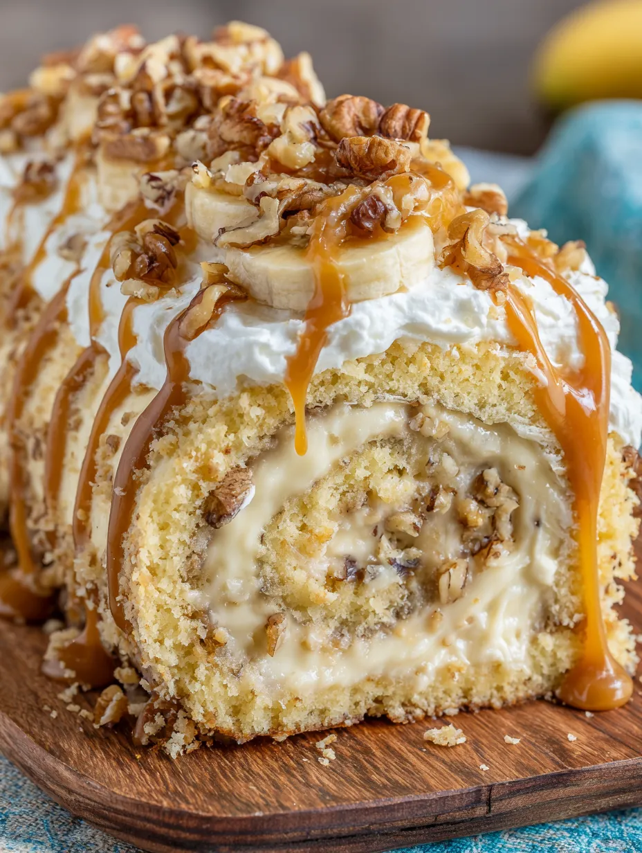 A banana cake roll with caramel sauce drizzled on top.