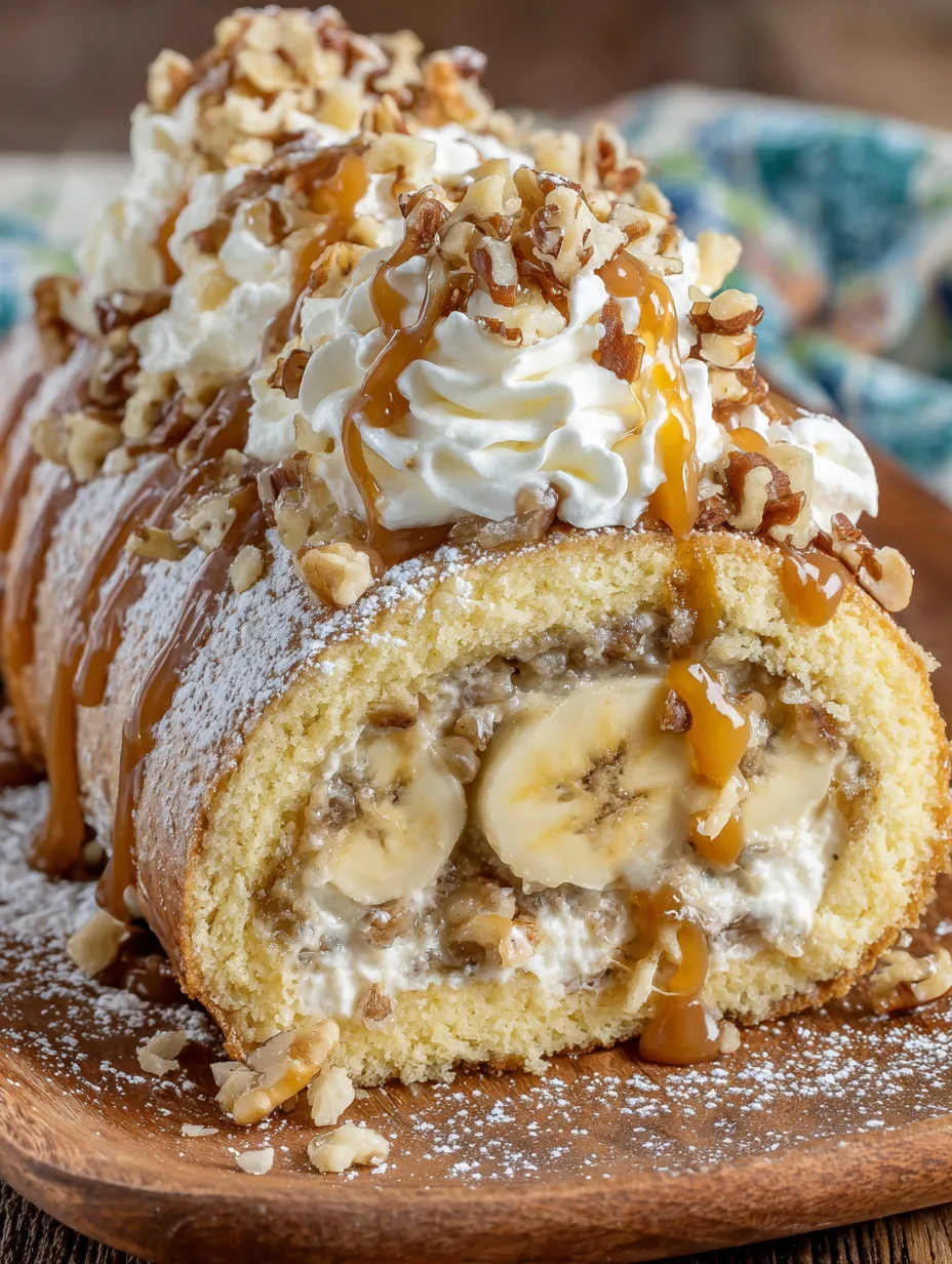 A banana cake roll with white icing and nuts.