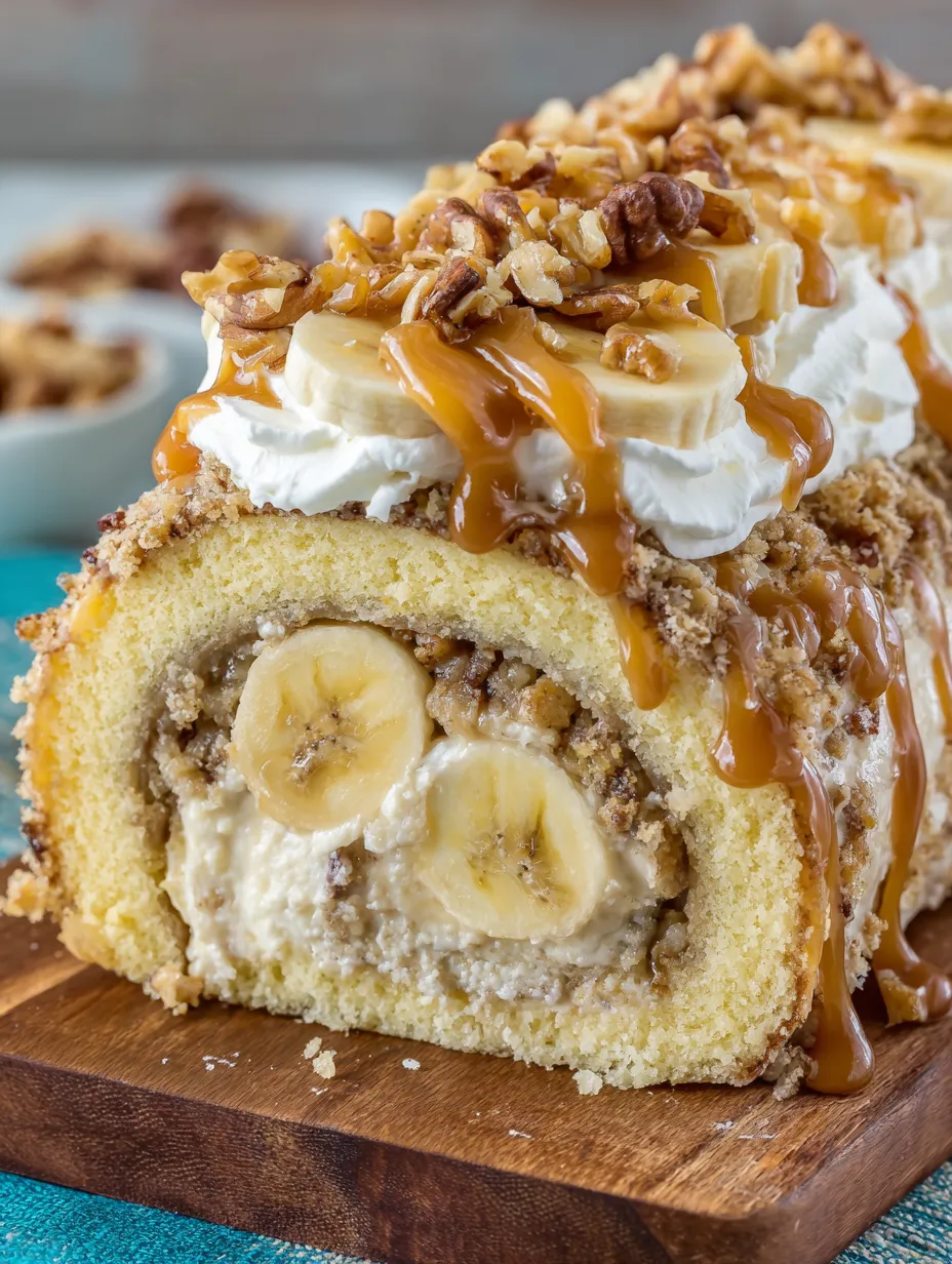 A banana cake roll with caramel sauce.