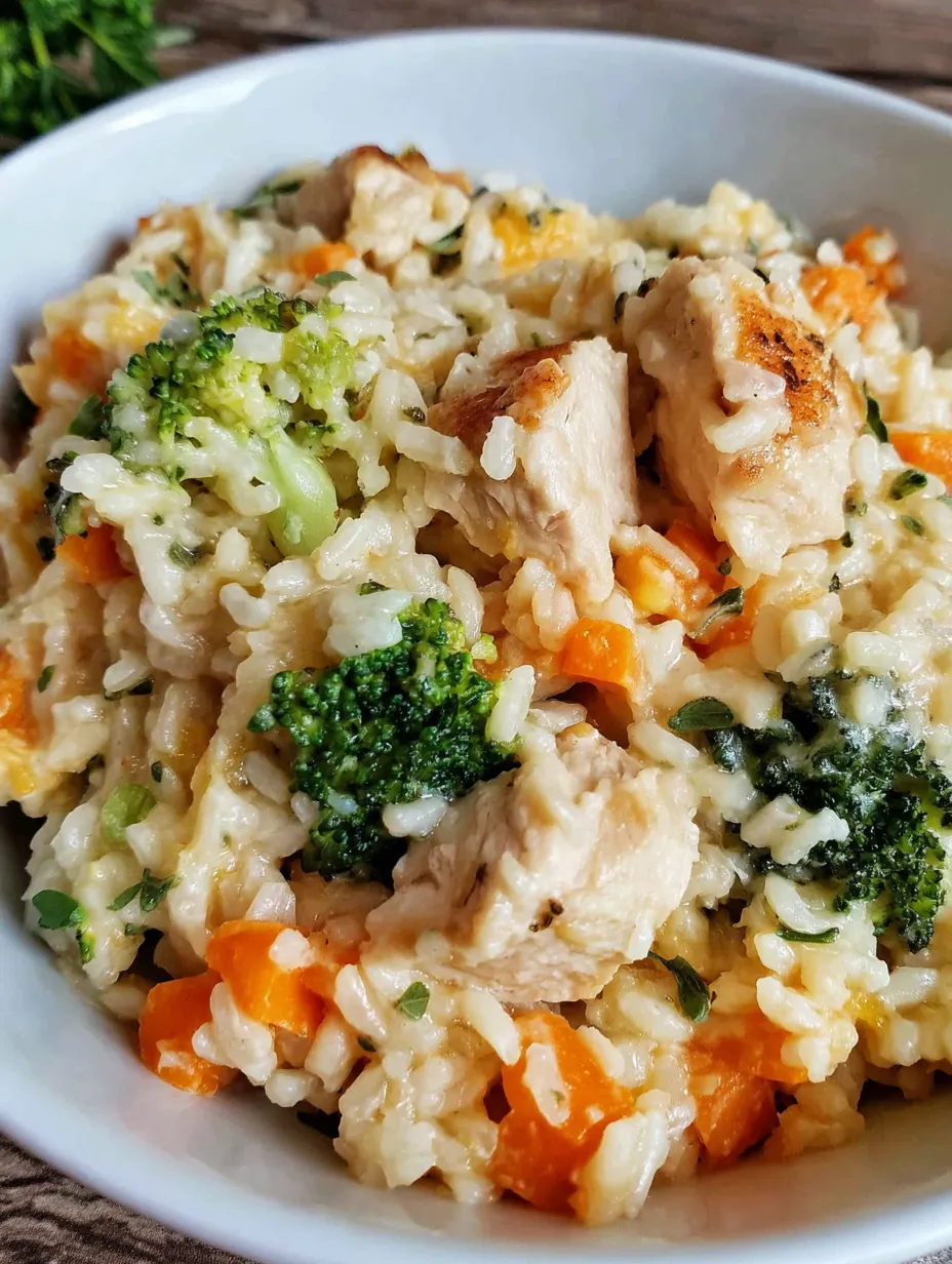 A bowl of rice and chicken with broccoli on top.