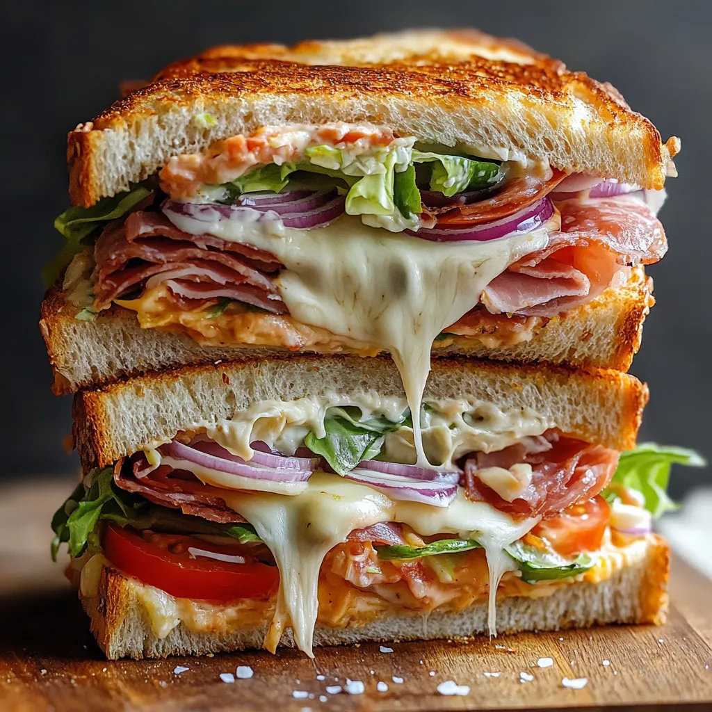 A sandwich with meat, cheese, lettuce, and tomato.