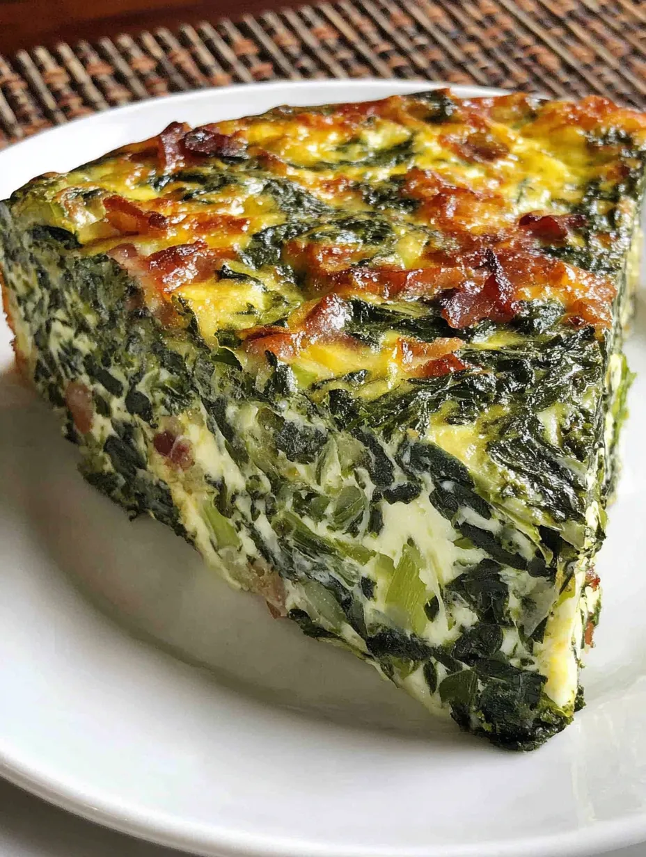 A slice of spinach bacon quiche.
