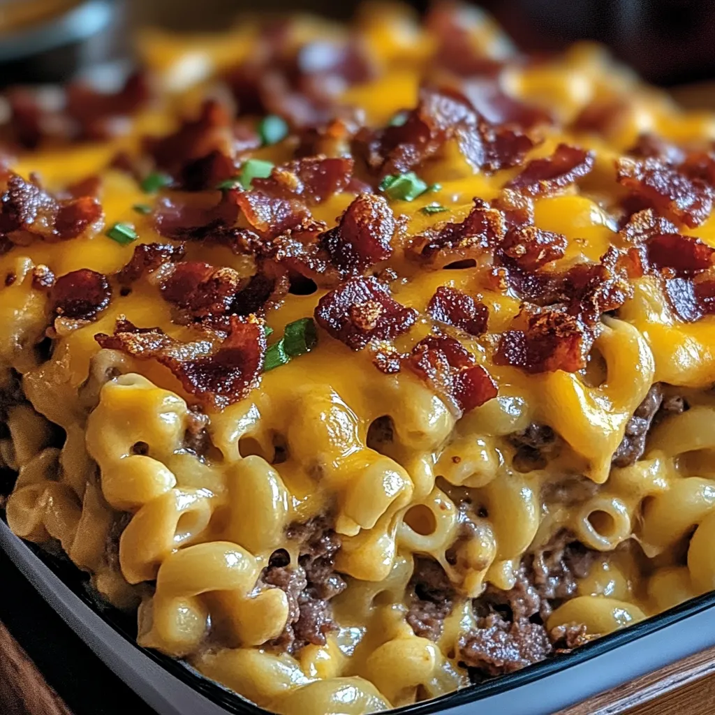 A delicious looking casserole with bacon and cheese.