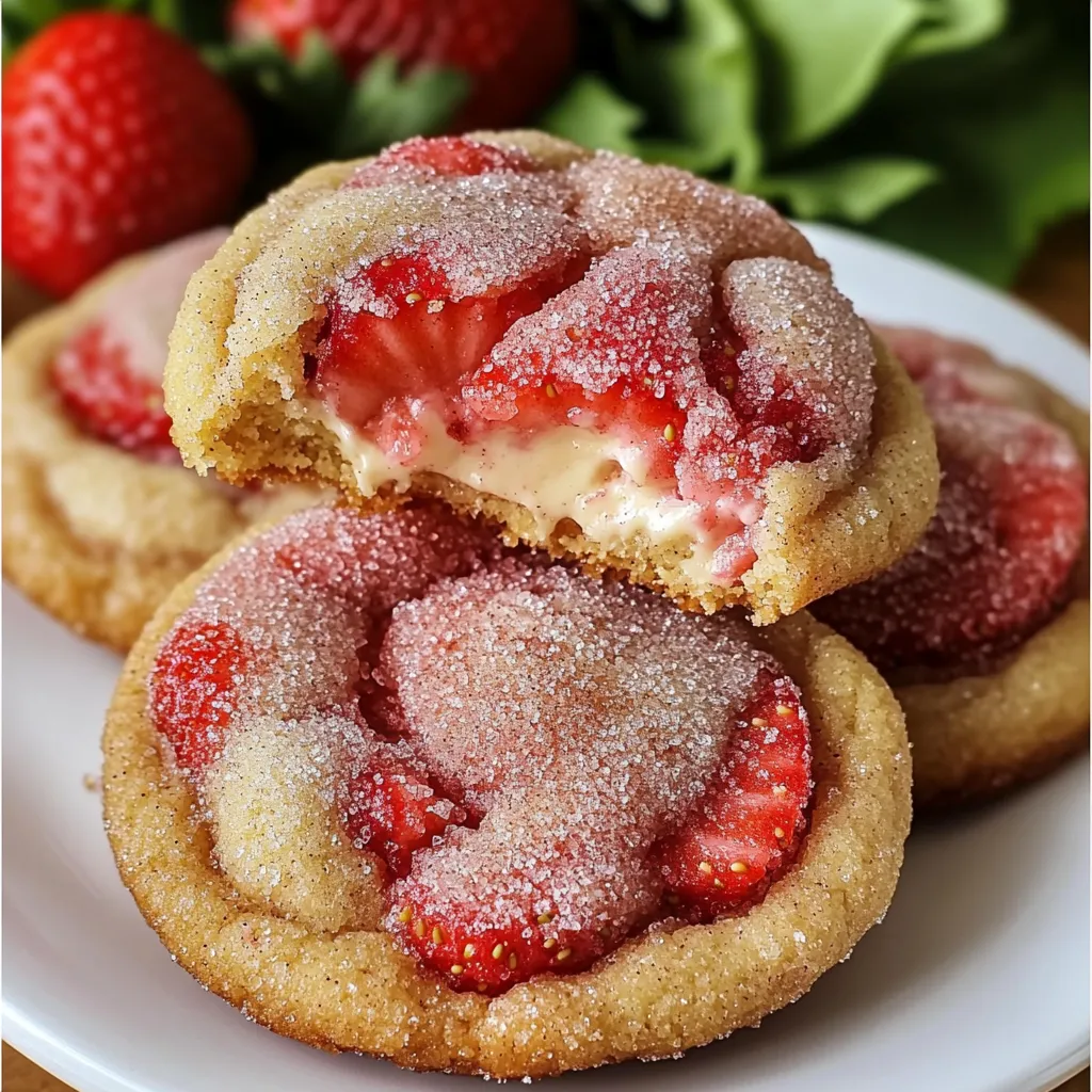 A plate of cookies with strawberries on top.
