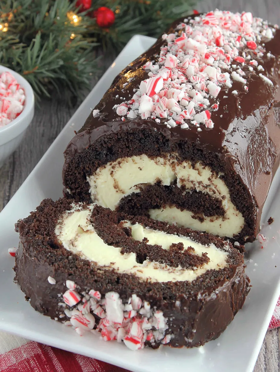 A chocolate swiss roll cake with white frosting and red and white sprinkles.