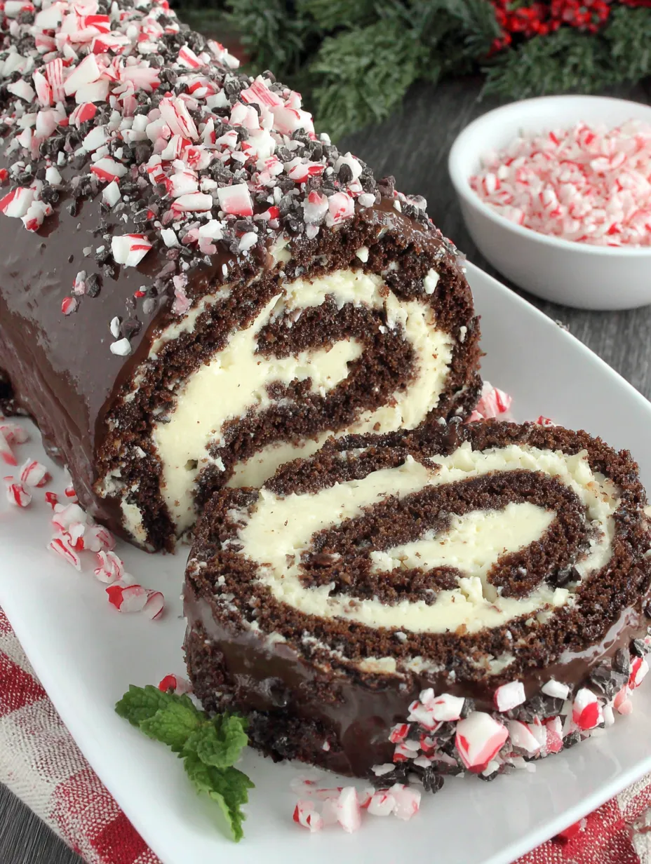 A chocolate swiss roll with white frosting and red and green sprinkles.