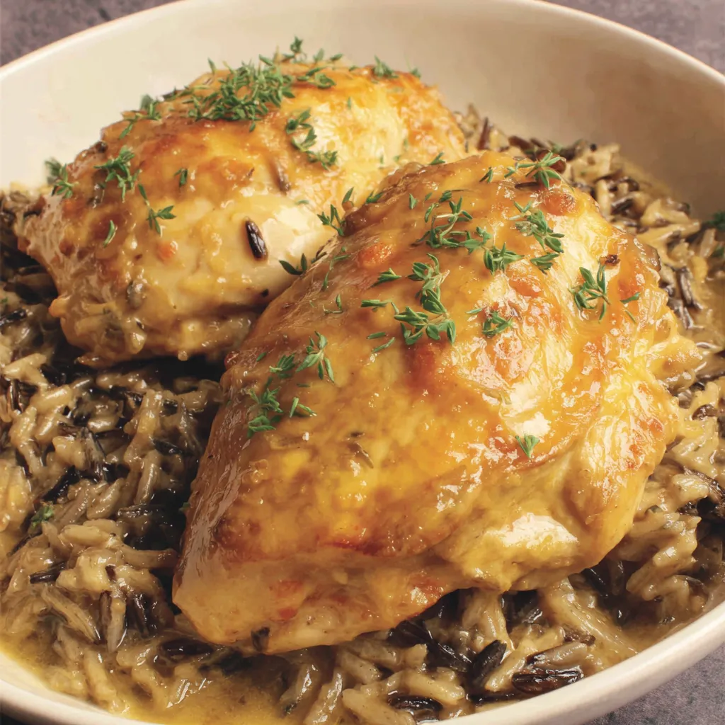 A bowl of chicken with rice and herbs.
