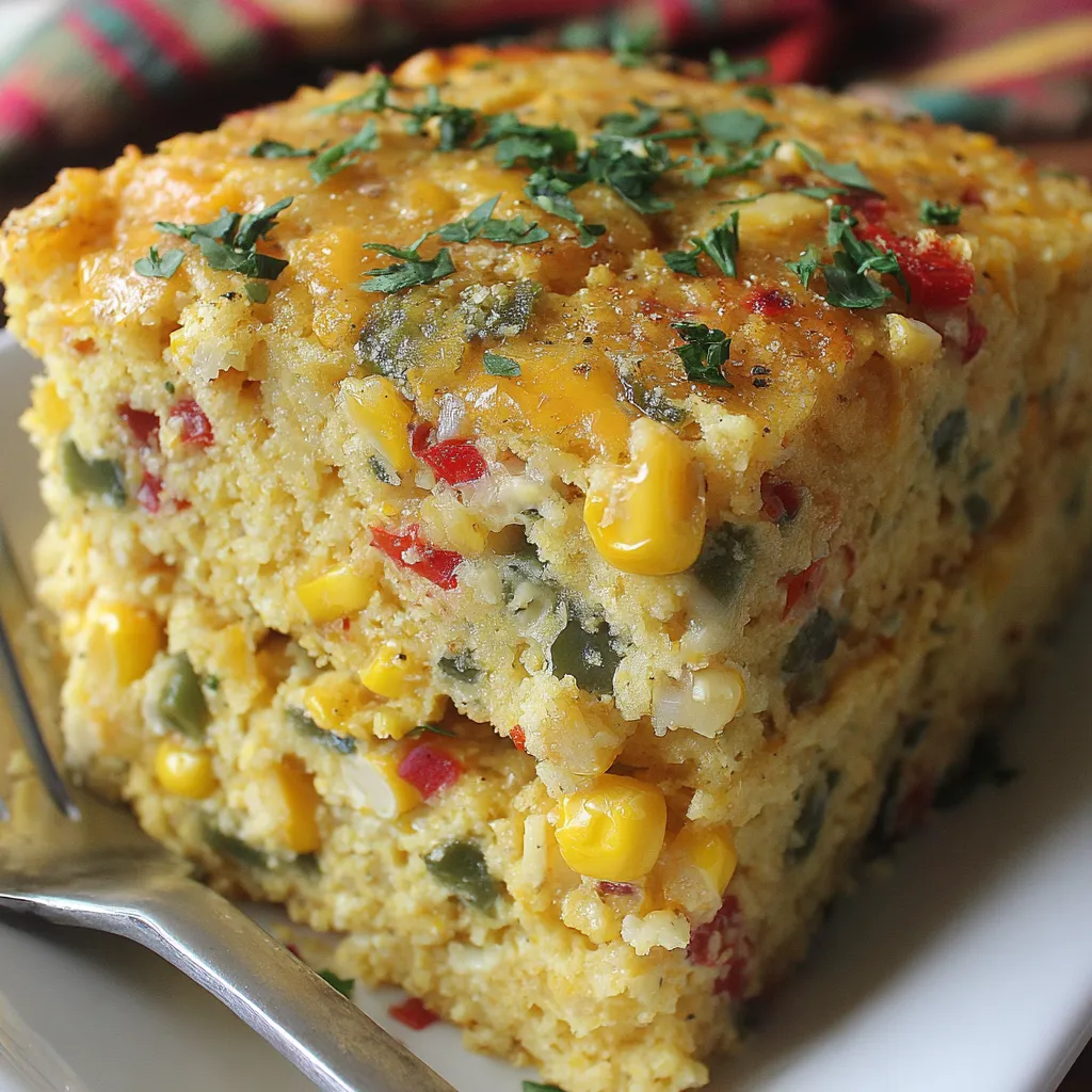 A slice of a Tex-Mex corn casserole.