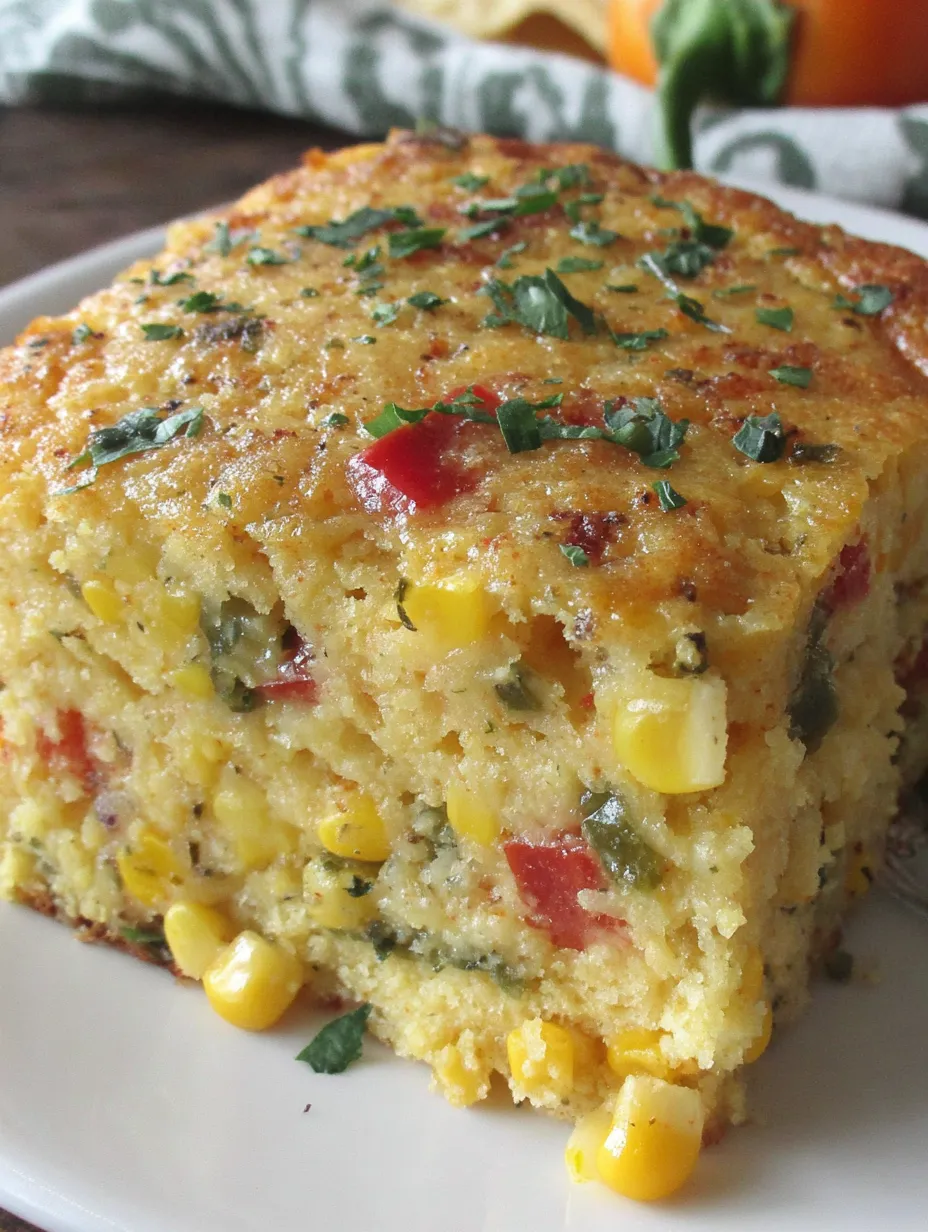 A slice of a Tex-Mex corn casserole.