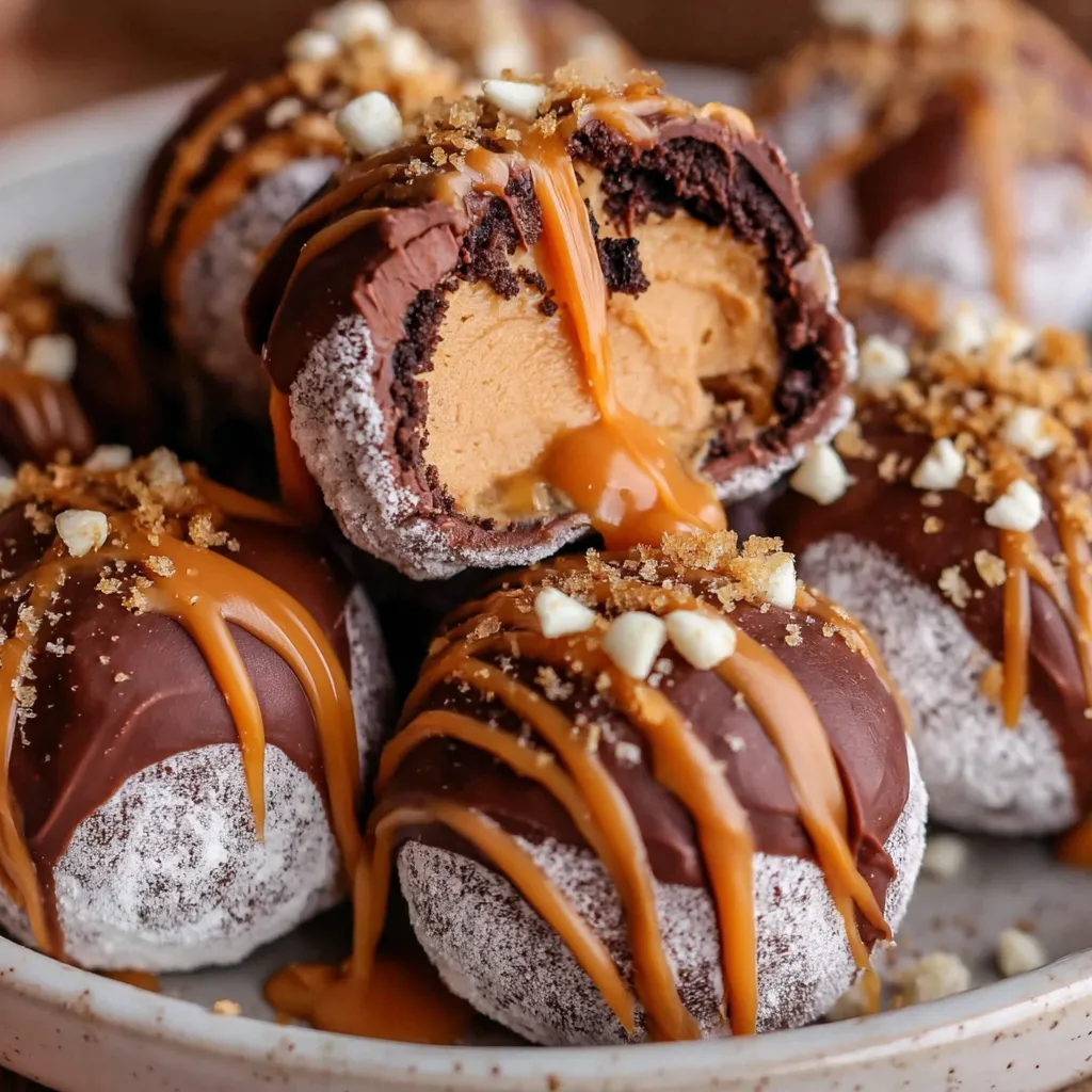 Chocolate peanut butter snowballs with caramel drizzle delight.