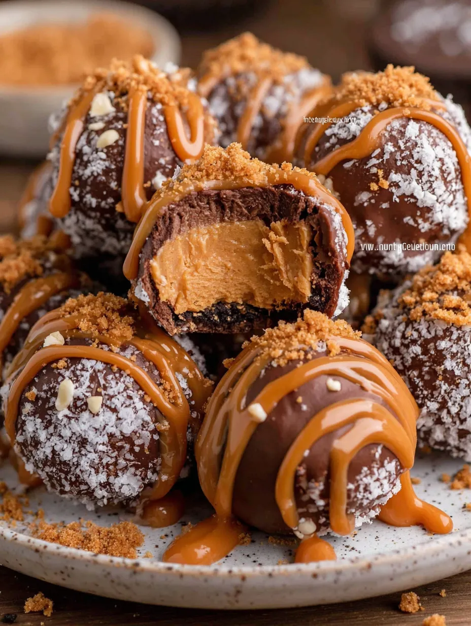 Chocolate peanut butter snowballs with caramel drizzle delight.