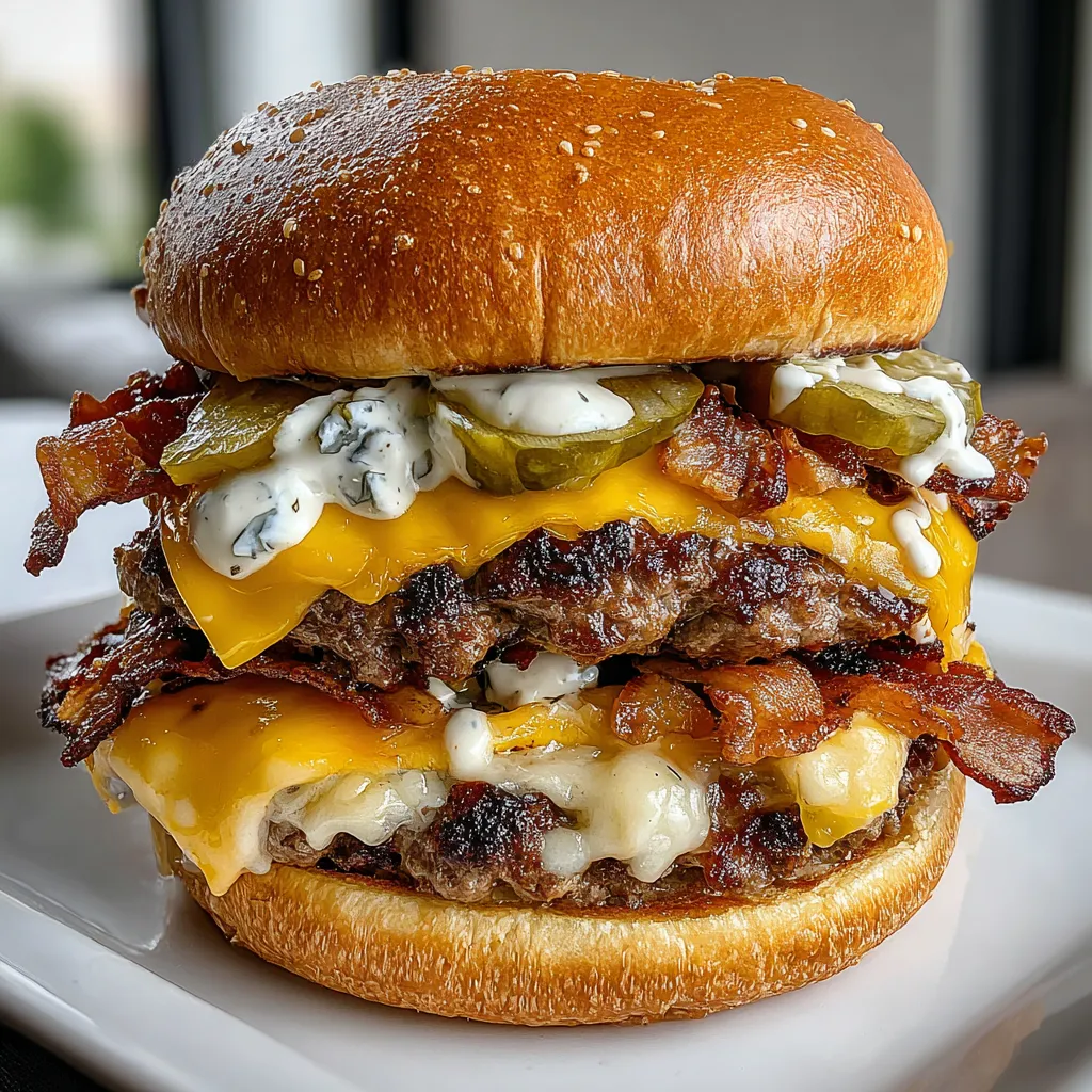 A double-decker jalapeño popper smash burger with ranch drizzle.