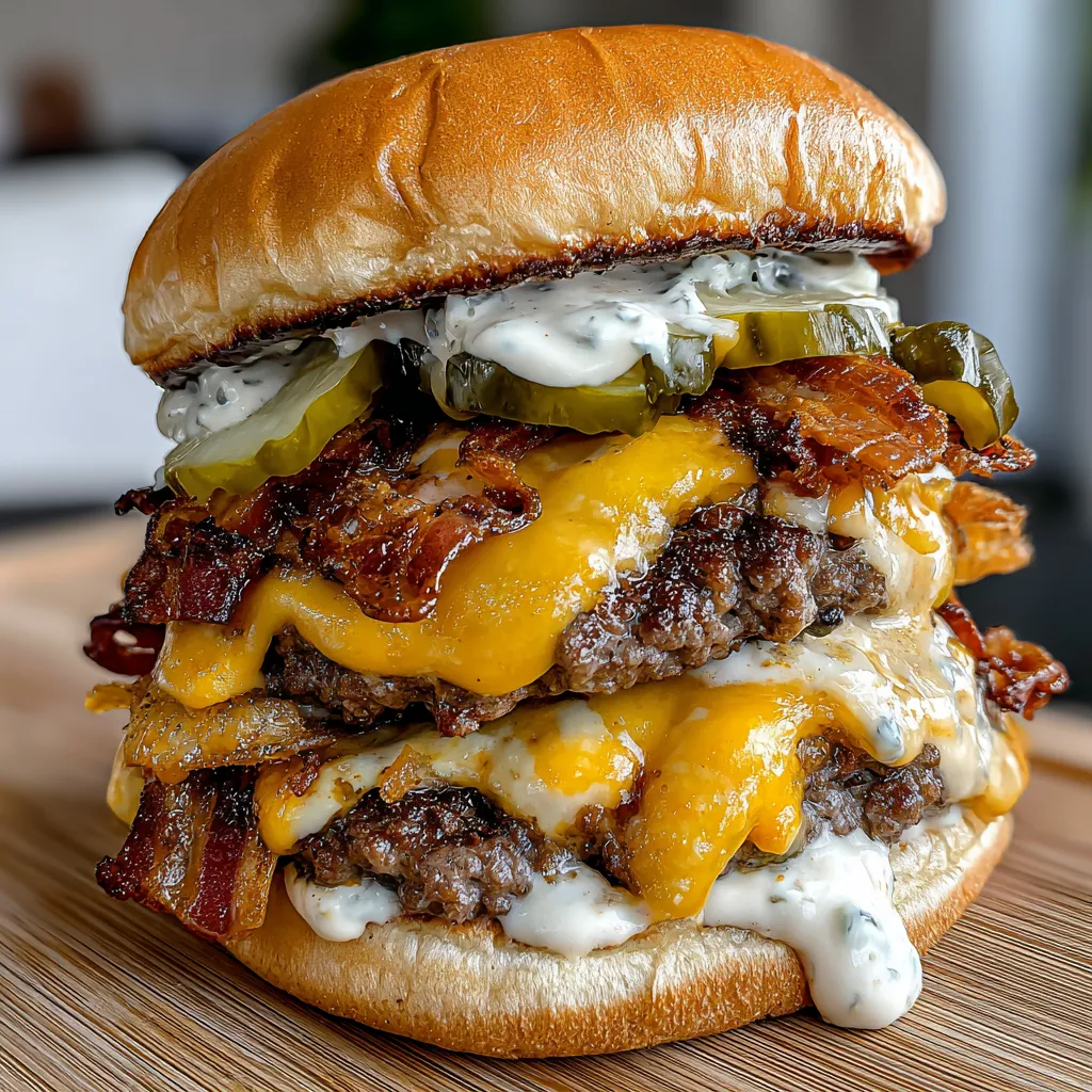 A double-decker jalapeño popper smash burger with ranch drizzle.