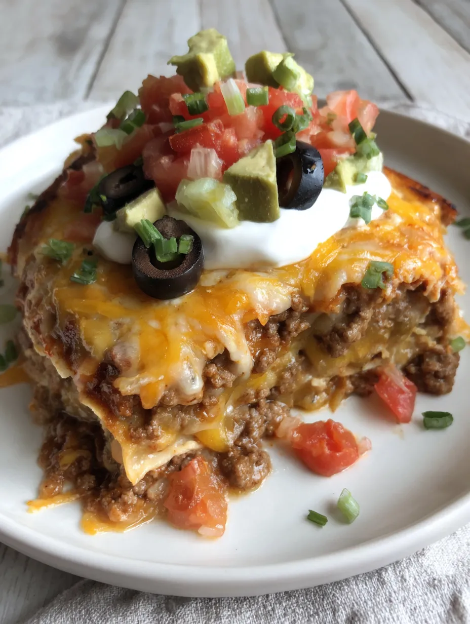 A plate of food with a cheesy taco lasagna.