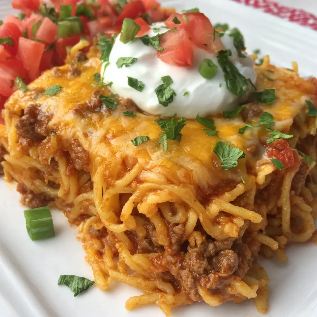 A cheesy taco spaghetti casserole with tomatoes and white cheese on top.