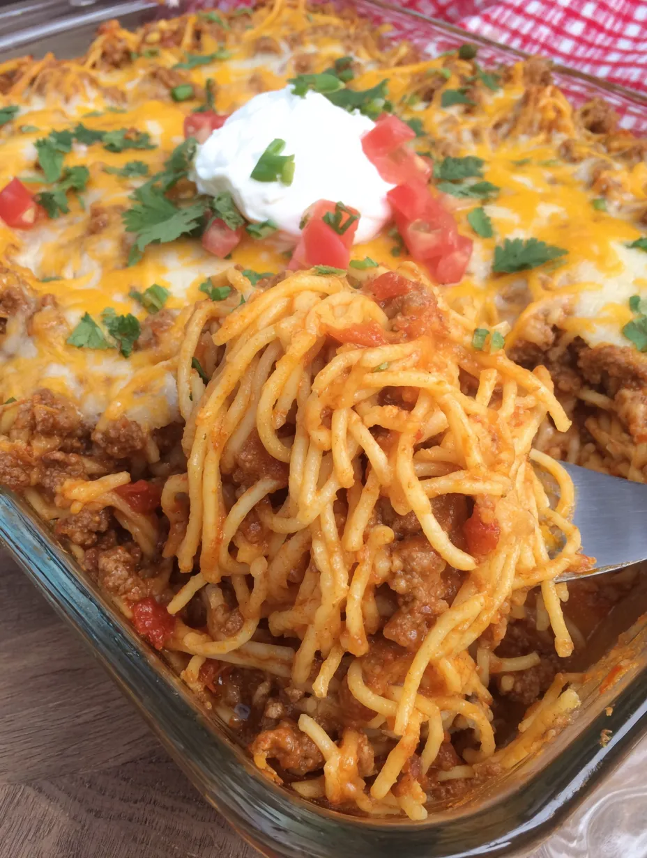 A close up of a cheesy taco spaghetti casserole.