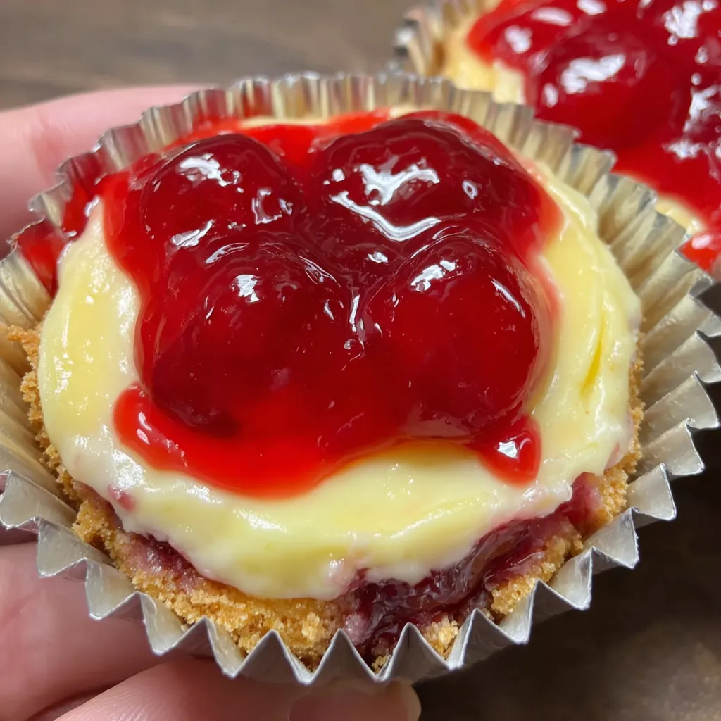 A person holding a cupcake with cherries and cream.