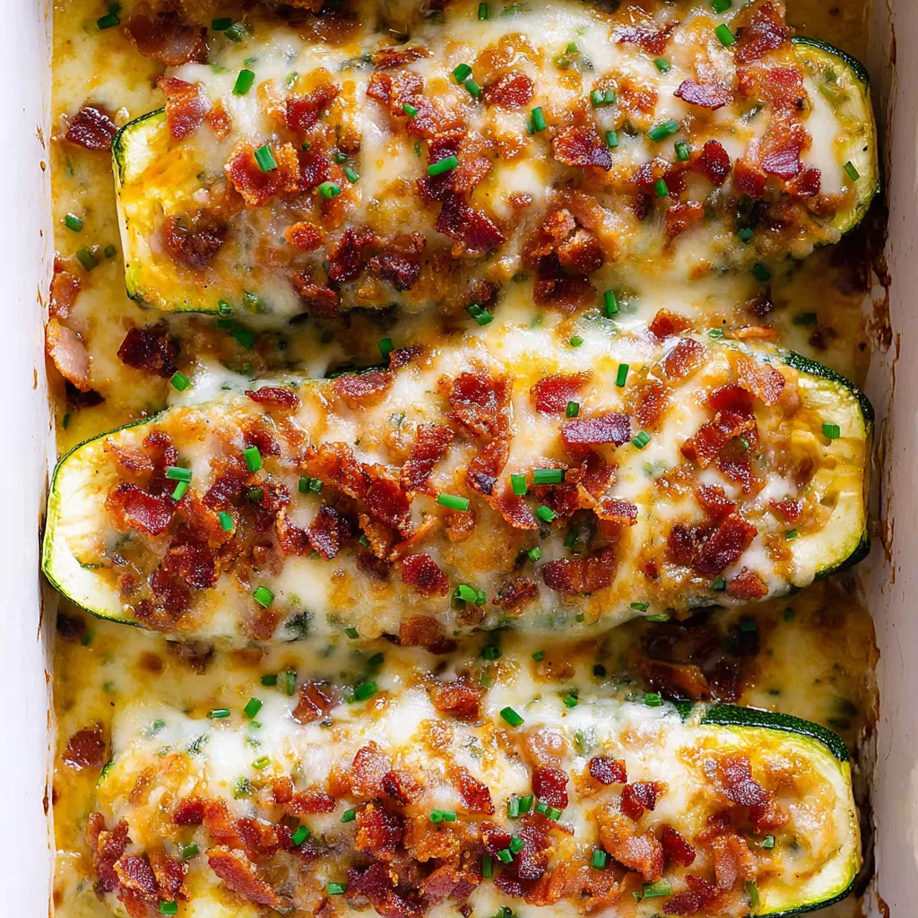 A dish of chicken and zucchini with bacon.