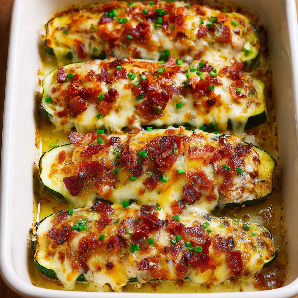 A dish of chicken zucchini bake with bacon.