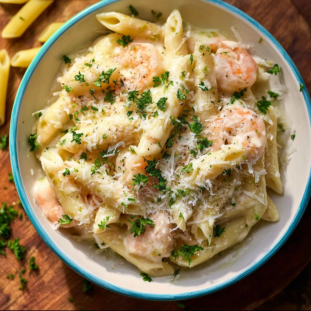 A bowl of shrimp penne pasta.