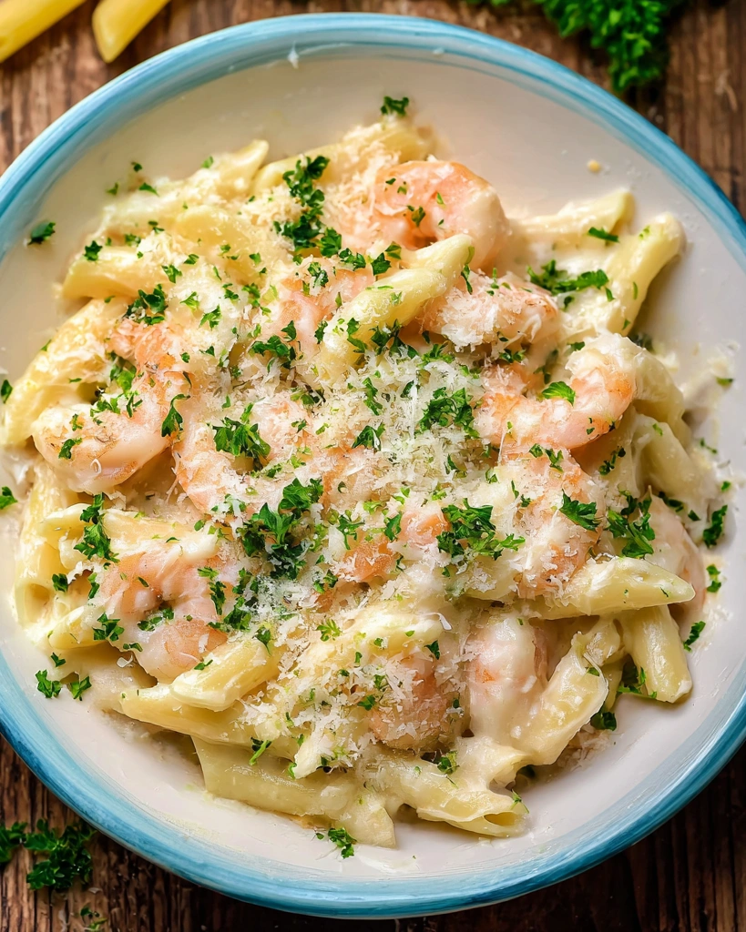 A bowl of shrimp penne pasta.