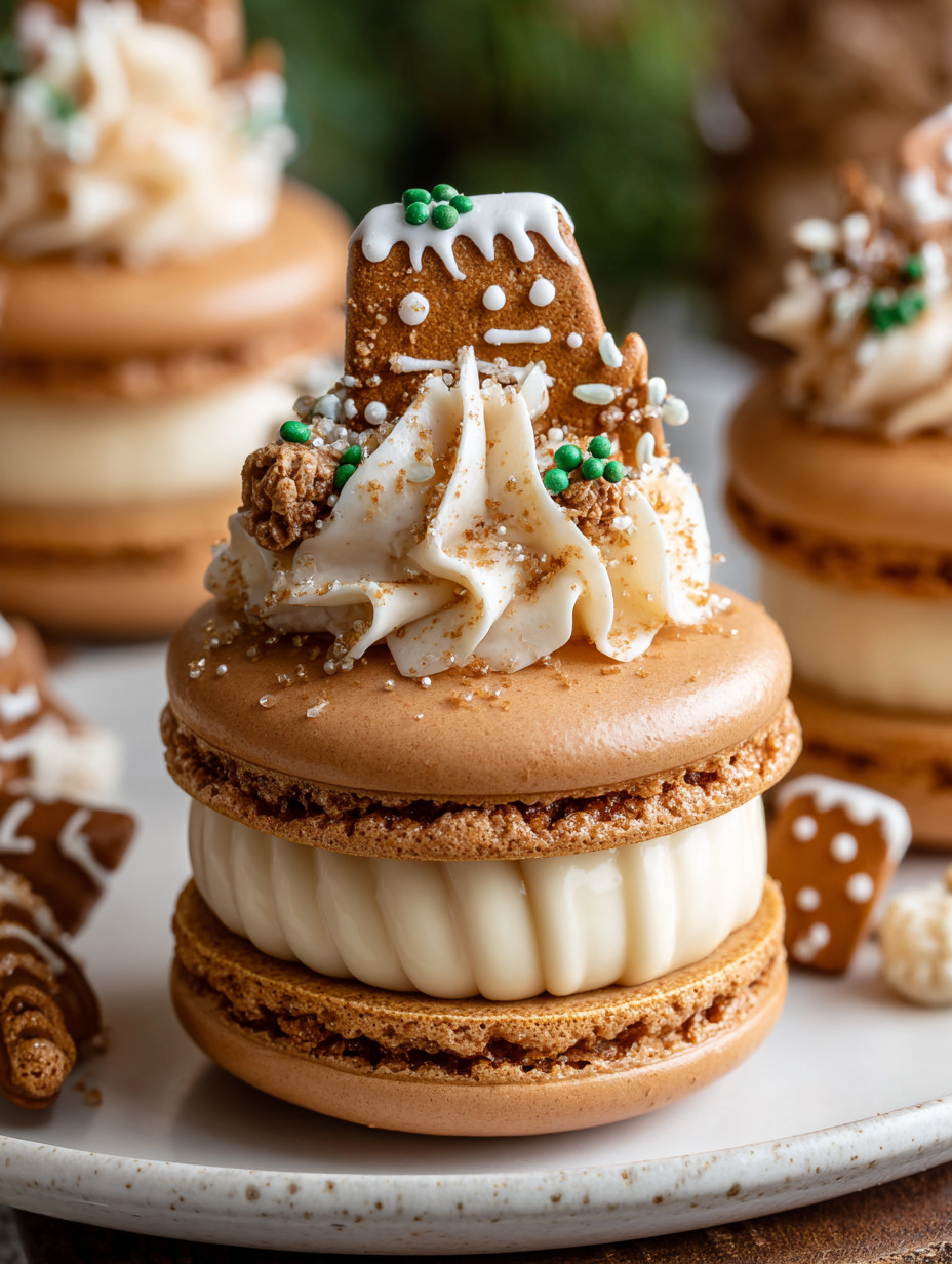 A stack of gingerbread macarons with white frosting.