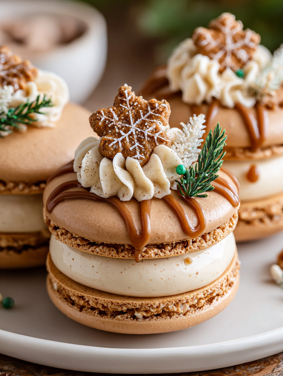 Gingerbread macarons with white frosting and sprigs of mint.