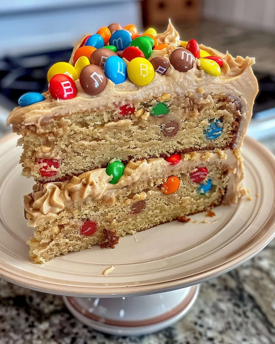 A slice of peanut butter cake with M&M's on top.