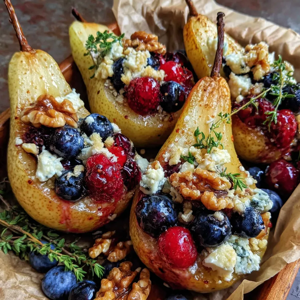 Baked pears with berries, honey, walnuts and blue cheese.