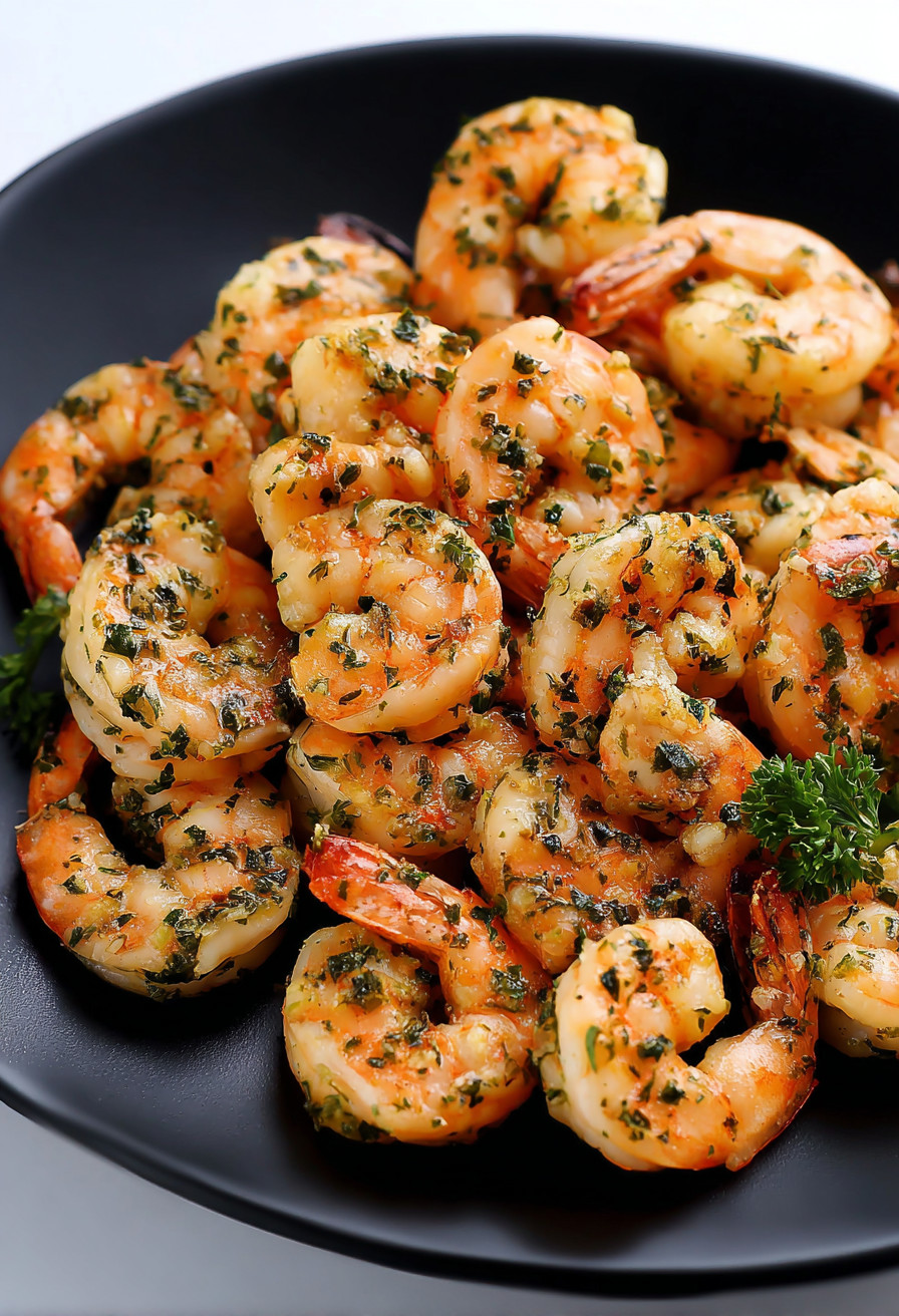 A plate of shrimp with garlic and herbs.