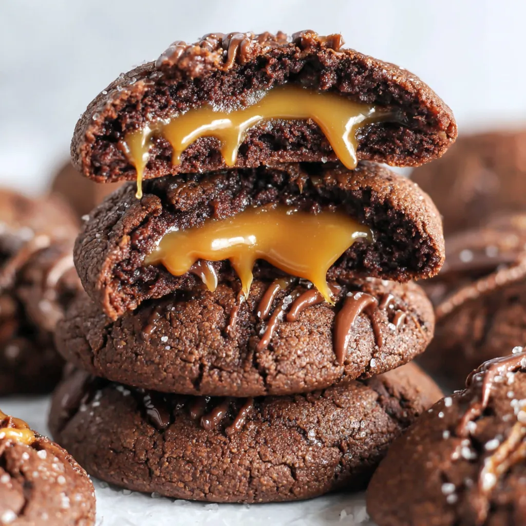 A stack of chocolate cookies with caramel drizzled on top.