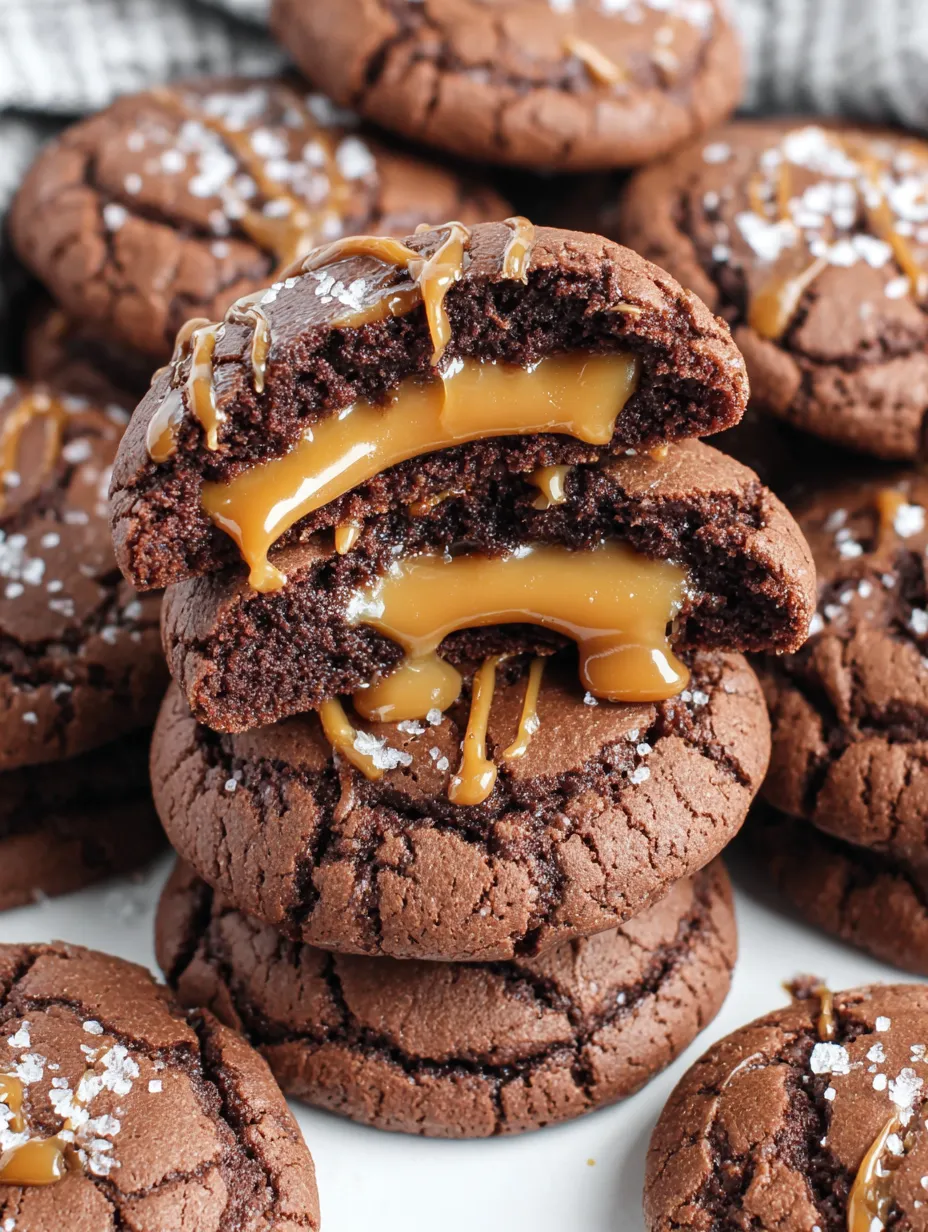 A close up of a chocolate cookie with caramel drizzled on top.