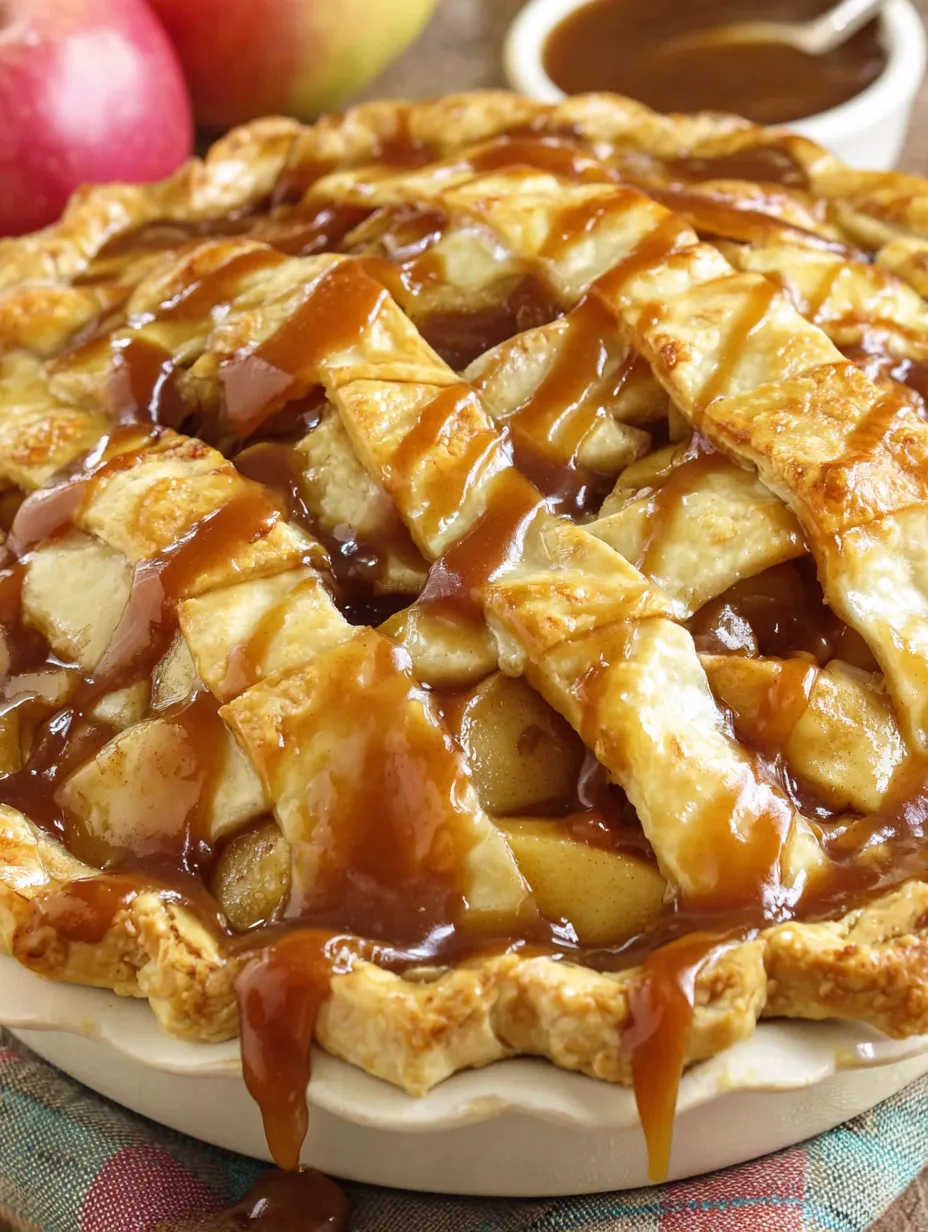 A caramel apple pie with a golden brown crust.